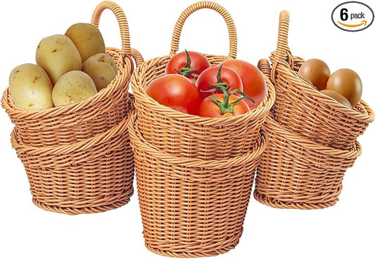 6 Pack 3 Size Woven Hanging Fruit Basket, Wall Hanging Wicker Baskets, Wall fruit Wicker Basket for Kitchen, Planter, Vegetable & Fruit, Boho Home Decor