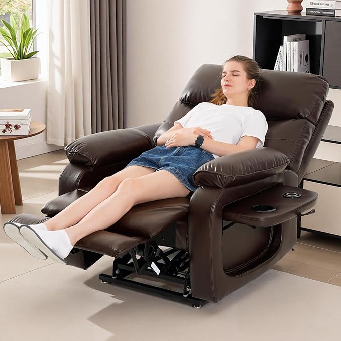 Dual Motor Power Lift Recliner Chair for Adult & Elderly, Infinite Position Lay Flat Lift Chair with Heat & Massage, Cup Holder, Lumbar Pillow, Wireless Charger, USB Ports, Leather (Brown)