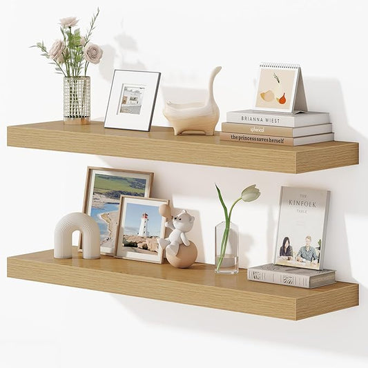 Dreamland 36 Inches Floating Shelves for Wall, 9.3" Deep Long Floating Shelves Set of 2, Large Display & Storage Shelf, Wall Shelf for Bathroom Bedroom Living Room Kitchen Office, Oak