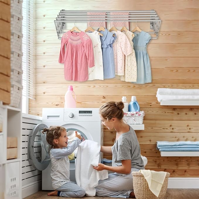 XL-31.5" Wall Mounted Clothes Drying Rack, 130 LBS Large Capacity Rustproof Retractable Clothes Rack, Collapsible Drying Rack Easy to Install with 7 Drying Rods, Space Saving for Laundry-White