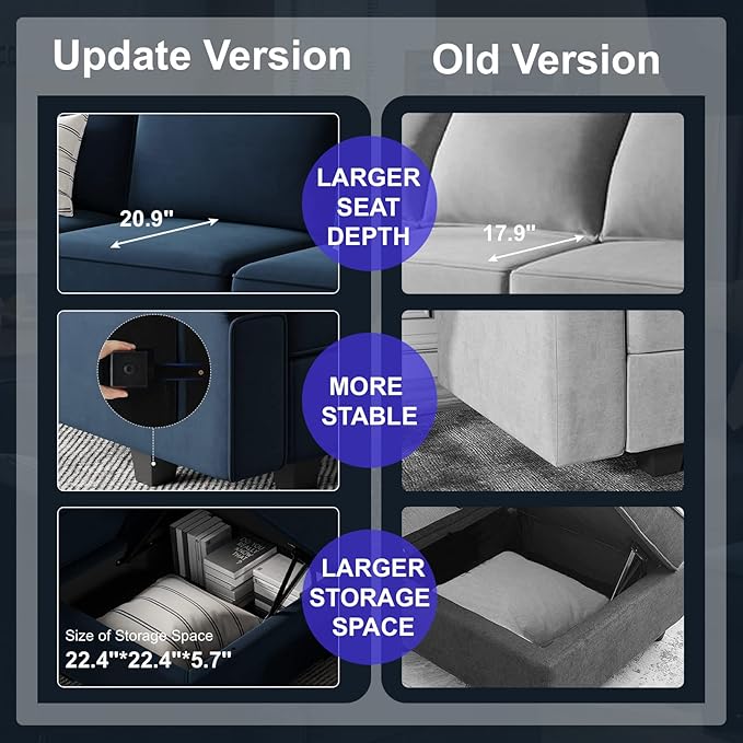 Belffin Convertible Sectional Sofa with Chaise Velvet L Shaped Sofa Couch Modular Sectional Sofa with Storage Blue