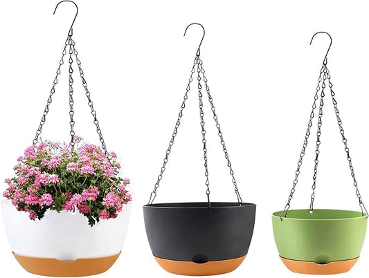 8/10/12 inch Hanging Planters for Indoor Outdoor Plants with Self-Watering Pots, 3 Pack Plastic Hanging Basket with Removable Tray for Home Garden Porch Balcony Patio Decor(White+Black+Green)