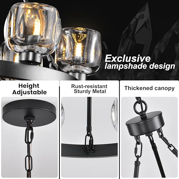 Black Wagon Wheel Chandelier, 24 Inch Black Chandeliers with Unique Glass Shade, 6-Light Crystal Farmhouse Wagon Wheel Chandeliers for Dining Room, Round Chandelier for Living Room, Foyer, Entryway