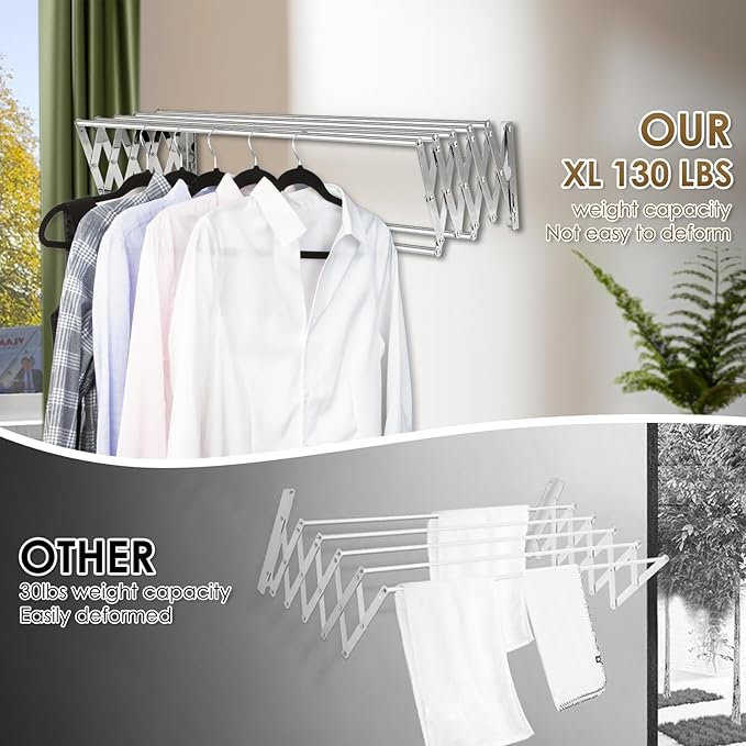 XL-31.5" Wall Mounted Clothes Drying Rack, 130 LBS Large Capacity Rustproof Retractable Clothes Rack, Collapsible Drying Rack Easy to Install with 7 Drying Rods, Space Saving for Laundry-White