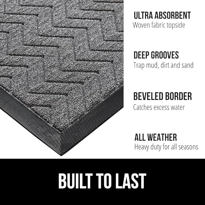 GORILLA GRIP 100% Waterproof All-Season WeatherMax Doormat, 34x58, US Designed Natural Rubber, Stain and Fade Resistant, Low Profile Indoor Outdoor Door Mats, Easy Clean Patio Mat, Steel Chevron