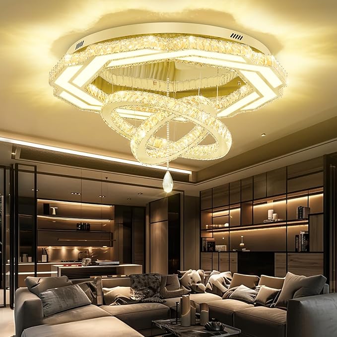 Flashing God Crystal Chandeliers Dia 32" Gold Chandelier Flush Mount Ceiling Light for Bedroom Living Room Dining Room Hallway Dimmable 3 Rings LED Celing Lighting Fixtures