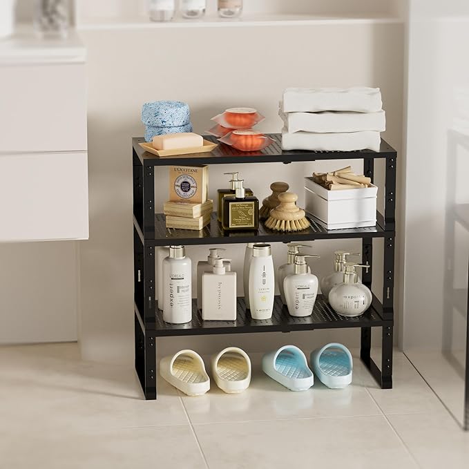 Expandable Spice Rack,Stackable Storage for Cabinet, Multi-Functional Kitchen Shelving,Height-Adjustable,Sustainable Organizer Solution(2Packs/Black/Large)