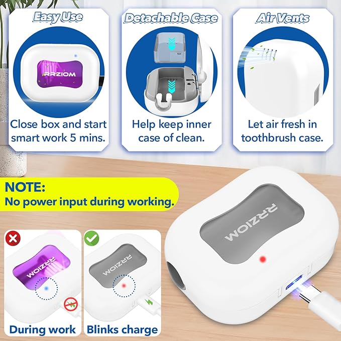 Toothbrush Sanitizer Case, Portable Toothbrush Covers Rechargeable, Rechargeable Toothbrush Cleaner Holder Case for Travel Home, Detachable Toothbrush Cover Cap for All Toothbrushes (White)