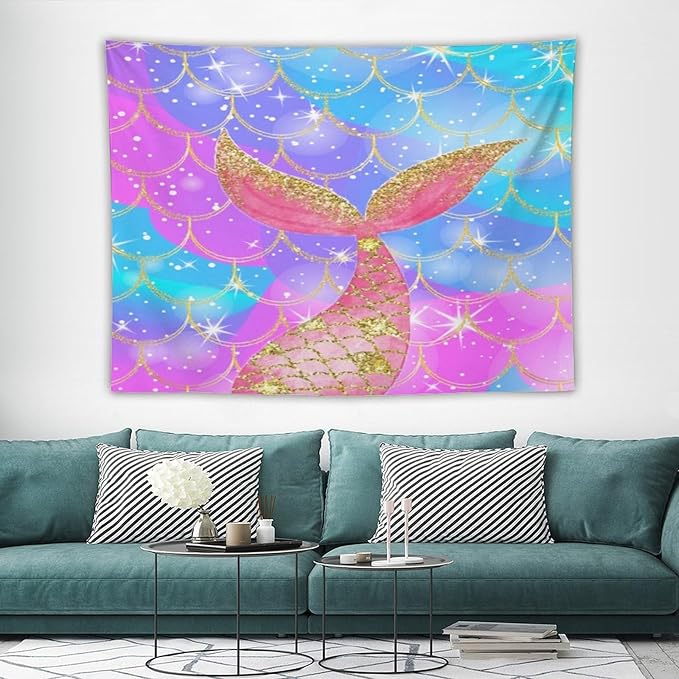 HZOHNAGO Mermaid Scales Tapestry Colorful Shiny Scales Mermaid Tail Pattern Printed Wall Tapestry Wall Hanging for Bedroom Living Room Dorm 80" W x 60" H