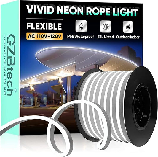GZBtech Flexible LED Neon Rope Lights 66FT,AC 110-120V Waterproof Strip Light, 120 LEDs/M Cuttable Connectable Neon Lighting for Indoor Outdoor Home Decor/Commercial Building Use-Cold White 20M