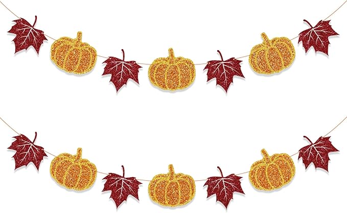 Fall Decorations Home Thanksgiving decor - Pumpkin and Maple Leaves Sign Fall Autumn Harvest Garland Hanging Bunting Banner(Pre-Strung)