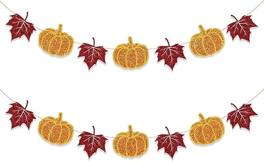 Fall Decorations Home Thanksgiving decor - Pumpkin and Maple Leaves Sign Fall Autumn Harvest Garland Hanging Bunting Banner(Pre-Strung)