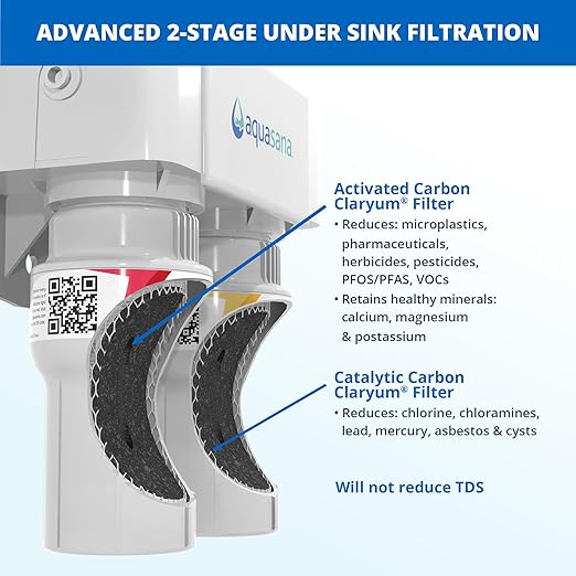 Aquasana Under Sink Water Filter System - Reduces PFAS, Lead, & Chlorine in Drinking Water - Under Counter Claryum Filtration for Kitchen - 2-Stage - Oil-Rubbed Bronze Faucet - AQ-5200.62