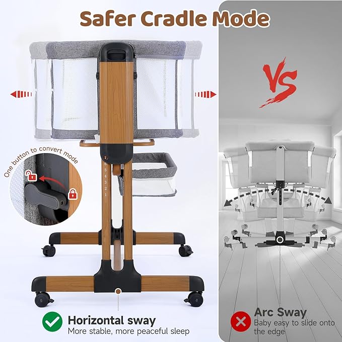 Ezebaby 3-in-1 Baby Bassinet, Rocking Baby Bassinets Bedside Sleeper, Adjustable Portable Crib for Newborn Infant with Wheels Storage Basket and Mesh Sides