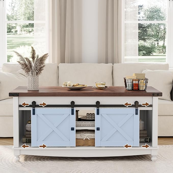 48" Farmhouse Lift Top Coffee Table with Storage Sliding Barn Door & Large Hidden Compartment, Coffee Table with Lifting Top with Wooden Lift Tabletop, Coffee Tables for Living Room, White