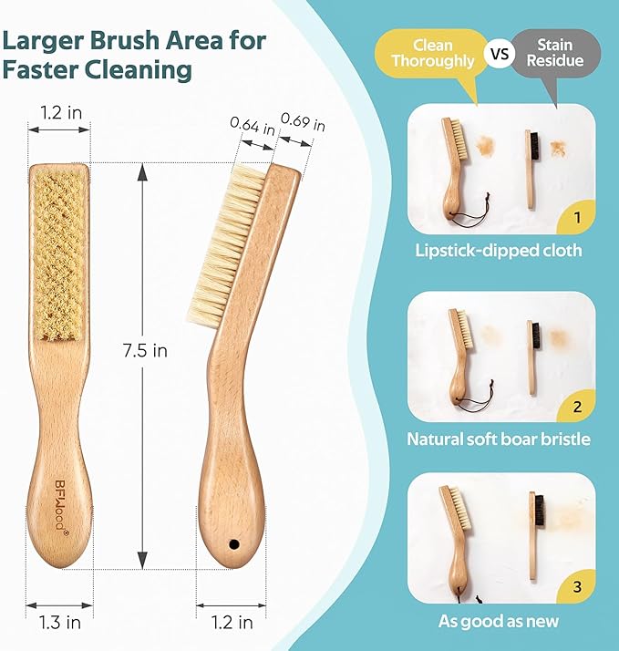 BFWood Laundry Stain Brush, Large Natural Soft Boar Bristles, Removes Tough Stains from Delicate Fabrics Like Knits, Cotton, and Linens, Gentle on Fabrics, No Damage
