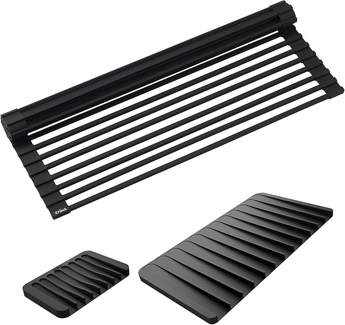 Kraus Roll Up Dish Drying Rack with Self-Draining Silicone Dish Drying Mat and Silicone Soap Dish Holder in Black, KDM-KRM-10BL