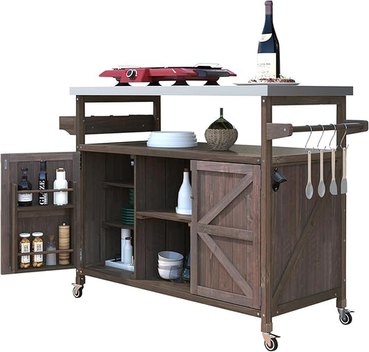 Farmhouse Solid Wood Grill Table with Stainless Steel Top, Outdoor Rolling Bar Cart & Storage Cabinet with Spice & Towel Rack, Outdoor Kitchen Island with Internal Storage Rack, Dark Brown