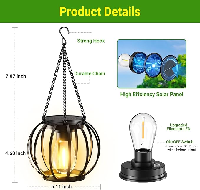 KOOPER Solar Lanterns Outdoor Waterproof, Upgraded Metal Hanging Solar Lights Outdoor Lanterns, Brighter Auto On/Off Outdoor Hanging Lantern for Yard Patio Pathway Porch Garden Decor 2 Pack