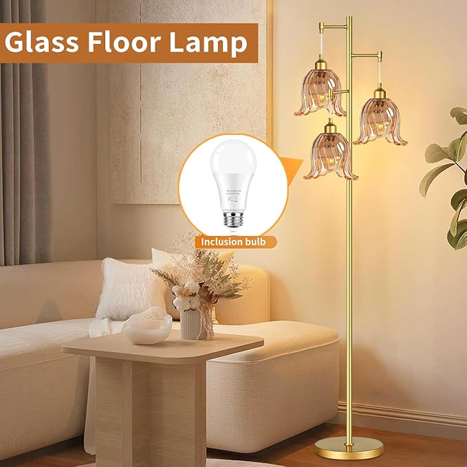 Gold Floor Lamp for Living Room,Bedroom,Tree 3 Light Standing Lamp Mid Century Modern Brass Tall Floor Lamps Vintage Retro Floor Lights Glass Flower Amber Lamp Shade Farmhouse Boho Bohemian