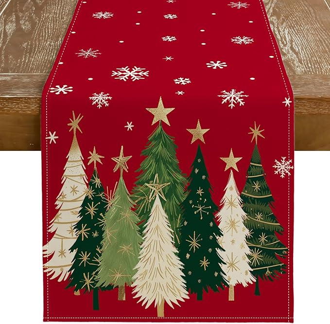 GEEORY Christmas Table Runner 13x48 Inch, Xmas Trees Snowflakes Holiday Decorative Farmhouse Table Decoration for Kitchen Dinning, Indoor Outdoor Dinner Party Decor (Red) GT150-48