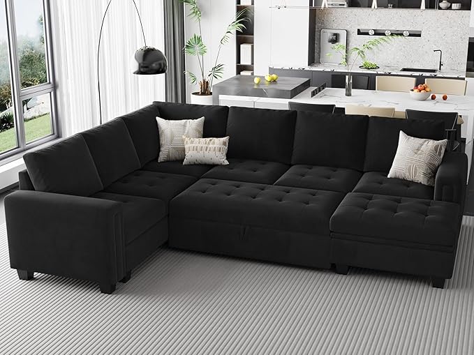 Belffin Modular Sectional Sleeper Sofa with Pull Out Bed U Shaped Sectional Sofa Couch with Storage Ottoman Velvet Covertible 7-Seater Sofa for Living Room Black