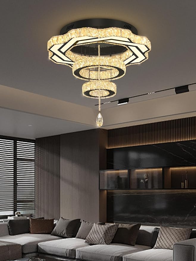 Flashing God Modern Crystal Chandeliers Dia 24" Black Chandelier Flush Mount Ceiling Light for Bedroom Living Room Dining Room Hallway Dimmable 3 Rings LED Celing Lighting Fixtures