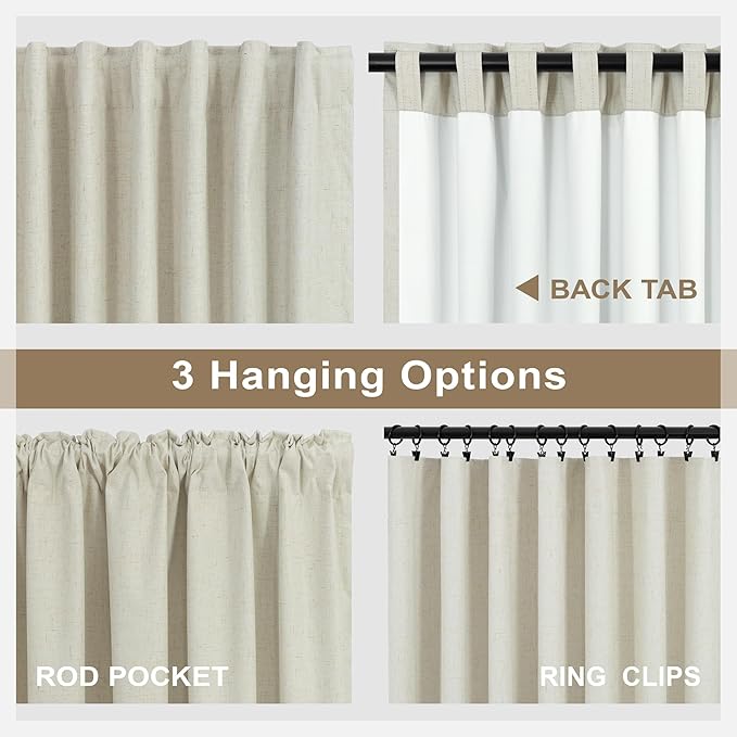 Linen Farmhouse Blackout Curtain for Bedroom Window 90 Inch Long Burlap Colored Cloth Cotton Vintage Decorative Weather Noise Reduction Drape Oatmeal Beige Curtain for Patio Door 7.5 ft Length 2 Panel