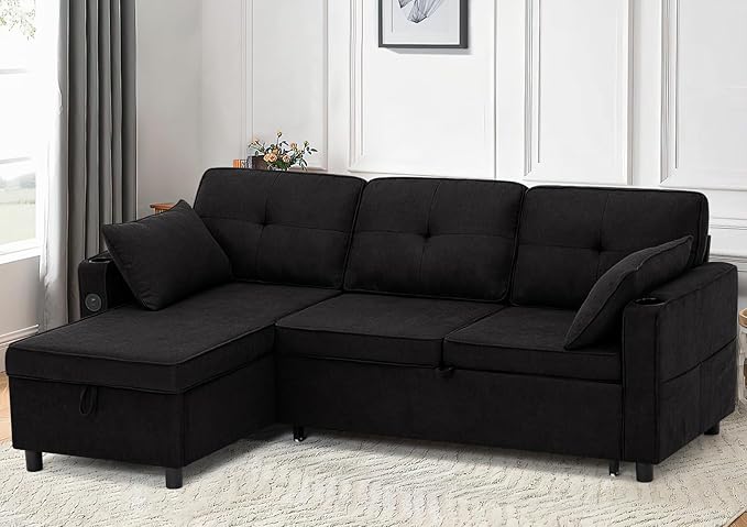 84 Inches Fabric Sectional Sofa w/Pull Out Sofa Bed & Adjustable Back, Tufted L Shaped Couch w/Storage Chaise, Sleeper Sectional Sofa w/USB Port & Cup Holders for Living Room, Black