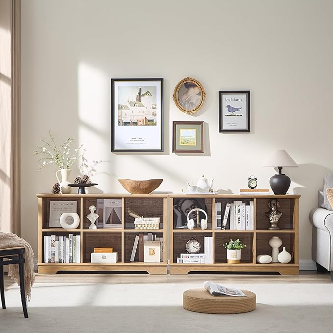 Farmhouse 6 Cube Bookshelf, Storage Organizer Bookcase, Kids Toy Storage Cabinet, Long Bookshelves Storage Organizer Shelf, Wood Display Cabinet Book Shelves for Bedroom,Living Room,Natural Oak