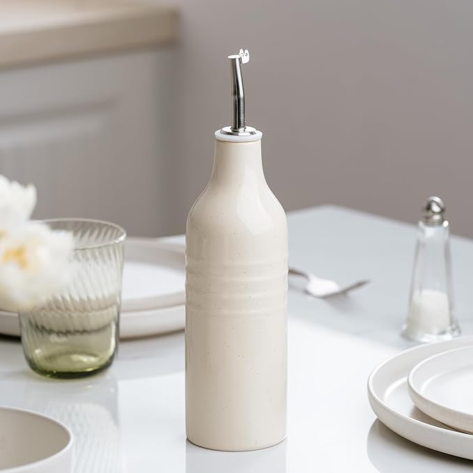 famiware Jupiter 16oz Ceramic Olive Oil Dispenser Bottle, Olive Oil and Vinegar Dispenser Bottle Set of 2 with Stainless Steel Pourers, Suitable for Storage Vinegar, Vanilla White & Light Pink