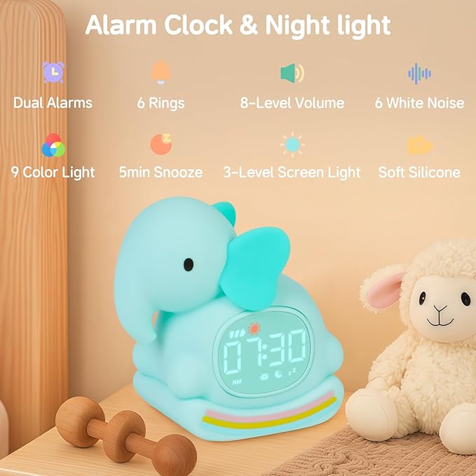 Alarm Clock for Kids with Night Light, Sleep Training Clock Time to Wake Clock, Rechargeable Silicone Light for Bedroom, Perfect Sleep Companion for Boys Girls, Green Elephant