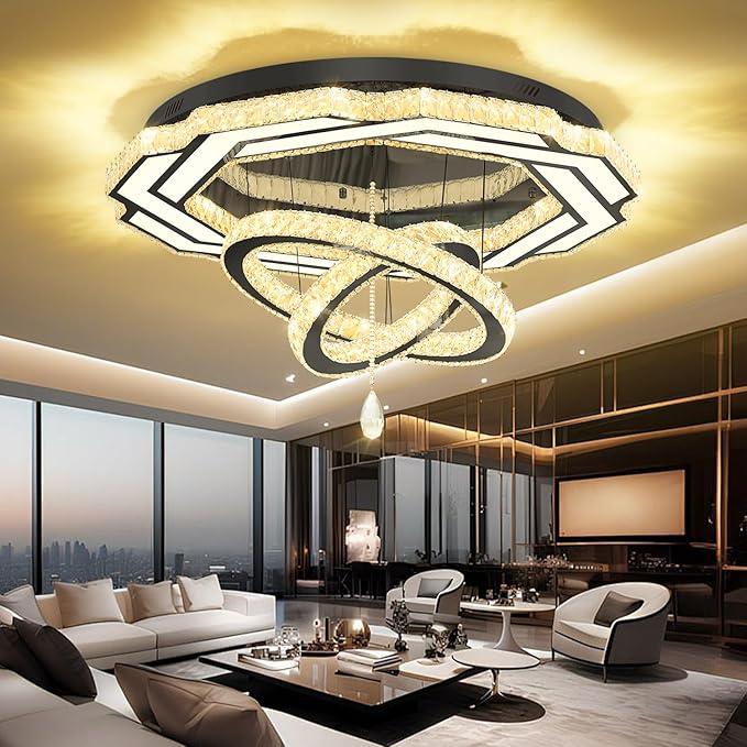 Flashing God Large Chandelier Dia 40" Black Crystal Chandelier Flush Mount Ceiling Light for Bedroom Living Room Dining Room Hallway Dimmable 3 Rings LED Celing Lighting Fixtures