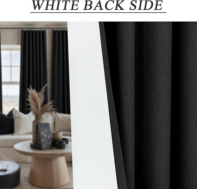 Black Blackout Curtains 84 Inches Long 100% Black Out Linen Farmhouse Light Blocking Curtain for Bedroom Living Room Darkening Back Tab Thermal Insulated Drapes Sliding Glass Door 7ft Length 2 Panel