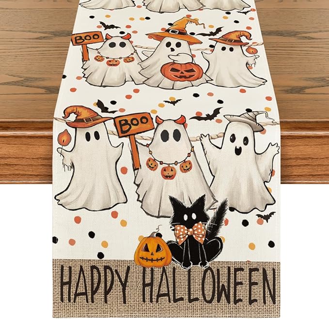 Artoid Mode Beige Ghost Jack-O'-Lantern Black Cat Halloween Table Runner,Holiday Kitchen Dining Table Decoration for Home Party Decor 13 x 108 Inch