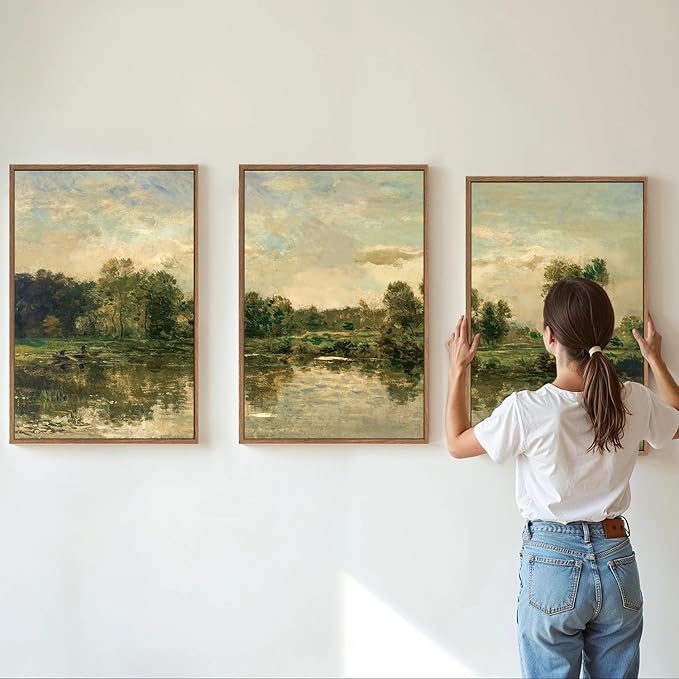 Tinonedraw Vintage Nature Framed Canvas Wall Art Set of 3, French Country Wall Decor, Olive Green Trees Art Paintings, Rustic Landscape Farmhouse Art Prints for Living Room Bedroom Office 24"x36"x3
