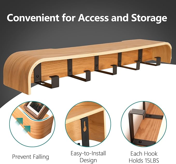 Coat Rack Wall Mount with Hidden Hooks Entryway Hanging Shelf Modern Wood Coat Hanger for Bedroom Kitchen Hallway Bathroom (Oak, 20.9 Inch Long)