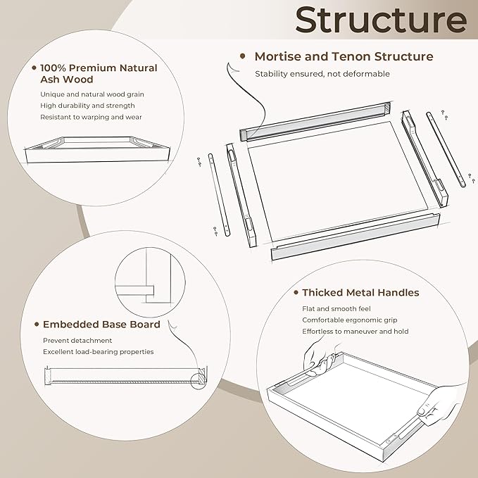 Axeman Wooden Serving Tray with Metal Handles|Ottoman Tray for Breakfast, Bed, Couch|17x13in Ash Wood Coffee Table Trays|Food Drinks Decorative Storage Boards for Ottoman Kitchen, Natural