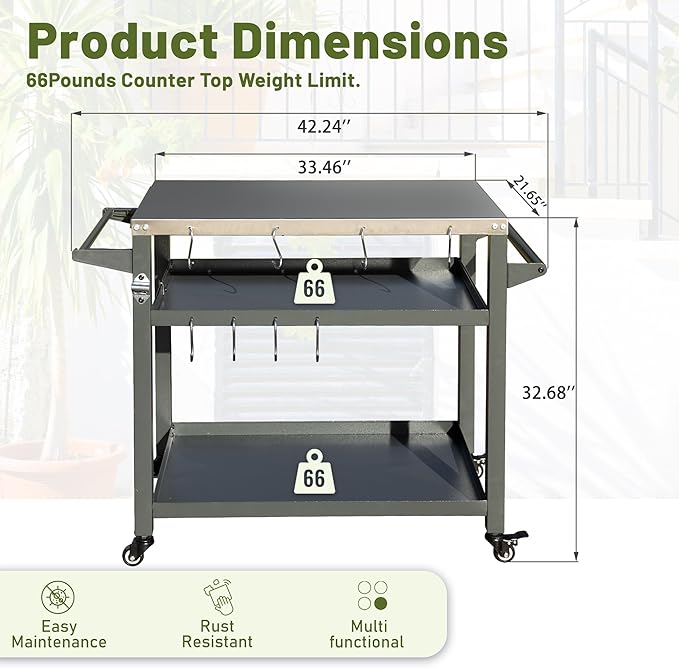 Domi 3-Shelf Outdoor Grill Table, Grill Cart Outdoor with Wheels, Pizza Oven and Food Prep Table, Blackstone with Stainless Steel Tabletop, BBQ Stand for Blackstone Griddle for Outside BBQ
