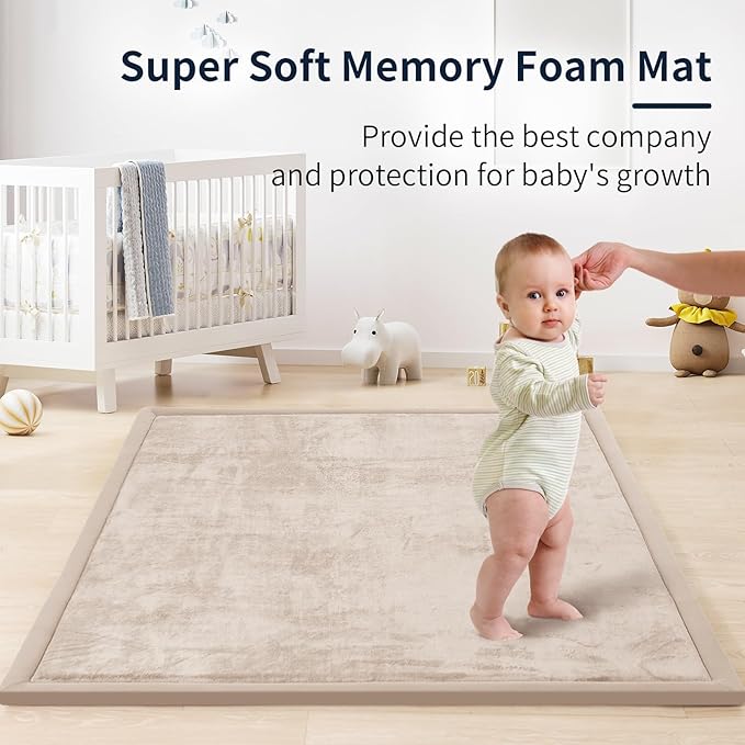 ACOMOPACK Baby Play Mat for Floor 1.3" Thick Memory Foam Play Mat 79"×157 Tummy Time Crawling with Non-Slip Bottom for Living Room,Nursery,Soft Velvet Playpen Mats for Kids,Infants（Beige）