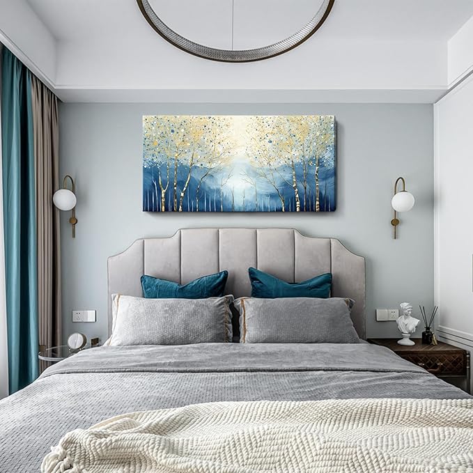 amatop Large Abstract Wall Art for Living Room Modern Tree of Life Canvas Art Print Nature-Inspired Navy Blue Wall Decor Landcape Artwork Birch Forest Picture Bedroom Office Dining Entryway 48x24 Inch