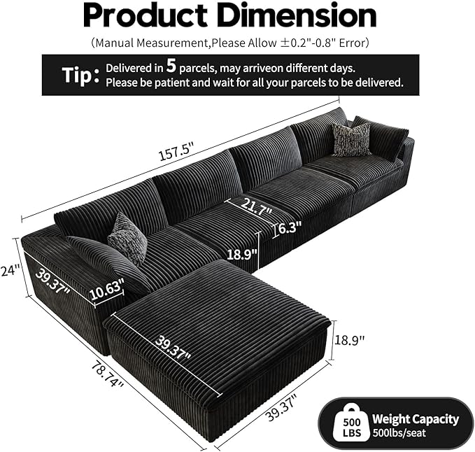 157.5" Cloud Couch Modular Sectional Sofa for Living Room,Modern Sofa with Deep Seat，L-Shape Boneless Couch with Ottoman,Comfy Upholstered Corduroy Couches for Apartment, Studio, Office,Bedroom，Black