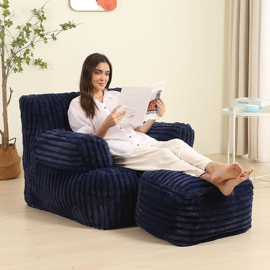 Comfy Gaint Bean Bag Chair with Ottoman, Fluffy Huge Bean Bag Armchair for Adults and Teens, Dark Blue