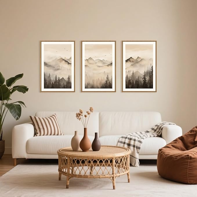 Celestdeco Nature Misty Forest Framed Canvas Wall Art Set, Foggy Landscape Wall Decor, Watercolor Pine Tree Wall Painting, Large Mountains Art Print for Living Room, Bedroom, Office - 16"X24"X3
