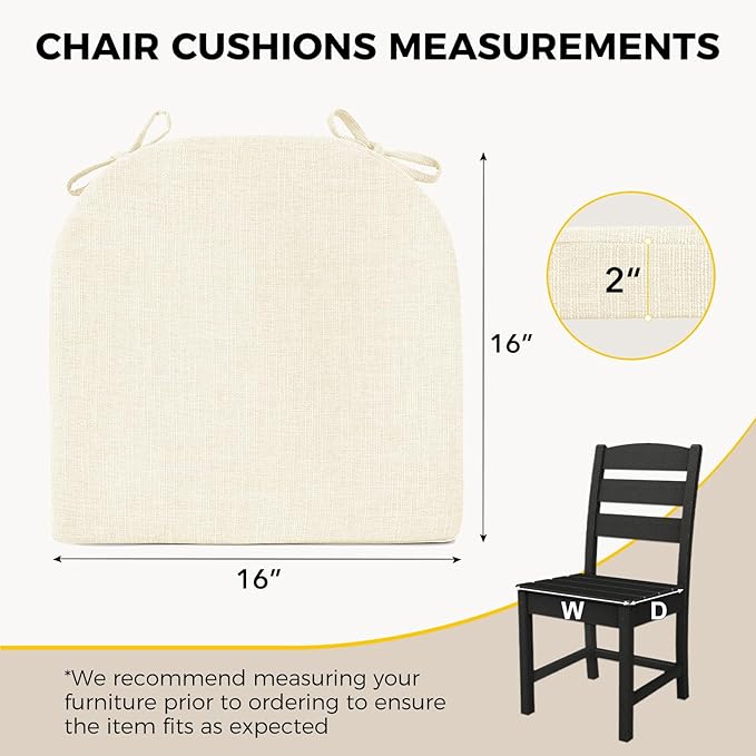 downluxe Indoor Chair Cushions for Dining Chairs, Soft and Comfortable Textured Foam Kitchen Chair Pads with Ties and Non-Slip Backing, 16" x 16" x 2", Beige, 4 Pack