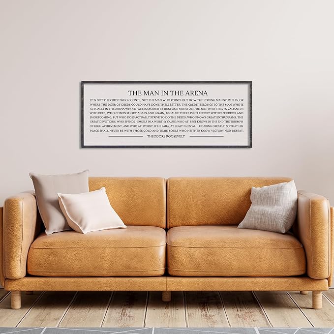 LuZhiQiang The Man in the Arena Wall Decor 32''x12'' Inspirational Quotes Office Wood Framed Sign Rustic Home Motivational Art For Man Entrepreneur Morden Living Room Wall Hanging Decor (Black)