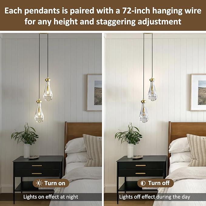 Brass Raindrop Pendant Lights Kitchen Island 2-Light, Cluster Gold Pendant Light Fixture for Bedroom, Dimmable Dining Room Light Fixture Hanging Pendant Lighting Ceiling Chandelier for Foyer