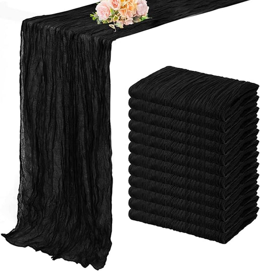 10FT 12 Pack Black Cheesecloth Table Runner 20 x 120 Inch Long Boho Fabric Rustic Cheese Cloth Table Runner for Wedding Bridal Shower Baby Shower Gauze Sheer Birthday Party Table Decorations
