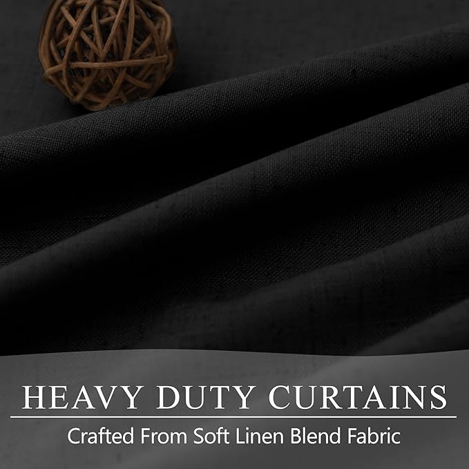 Black Linen Blackout Curtains for Living Room 96 Inches Long 2 Panels Set Back Tab Pleated Textured Thick Drapes Thermal Curtain for Summer Heat Floor Length Bedroom Black Out Curtain Modern Farmhouse