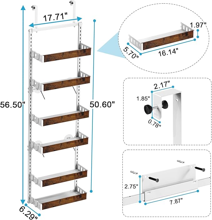 bukfen Over the Door Pantry Organizer, 6-Tier Adjustable Wooden Basket Kitchen Pantry Door Organization and Storage, Heavy-Duty Metal Hanging Kitchen Spice Rack,D6.3 x W17.71 x H50.60 inch,White